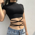 European And American Ins New Sexy Navel T-shirt Women's Tie Straps