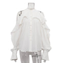 Ruffled Round Neck Off-the-shoulder Long Sleeve White Shirt