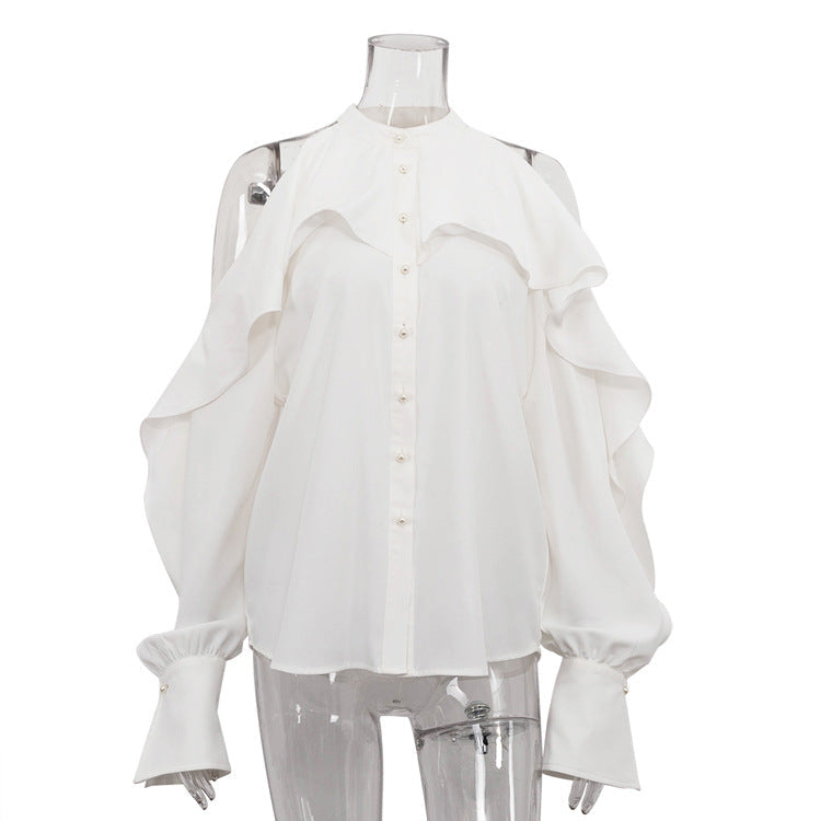 Ruffled Round Neck Off-the-shoulder Long Sleeve White Shirt