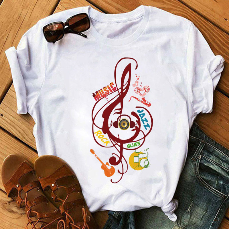 Large Size Women's Music Note Printing Kawaii Top Female Wholesale Supply Round Neck Short Sleeve T-shirt Female