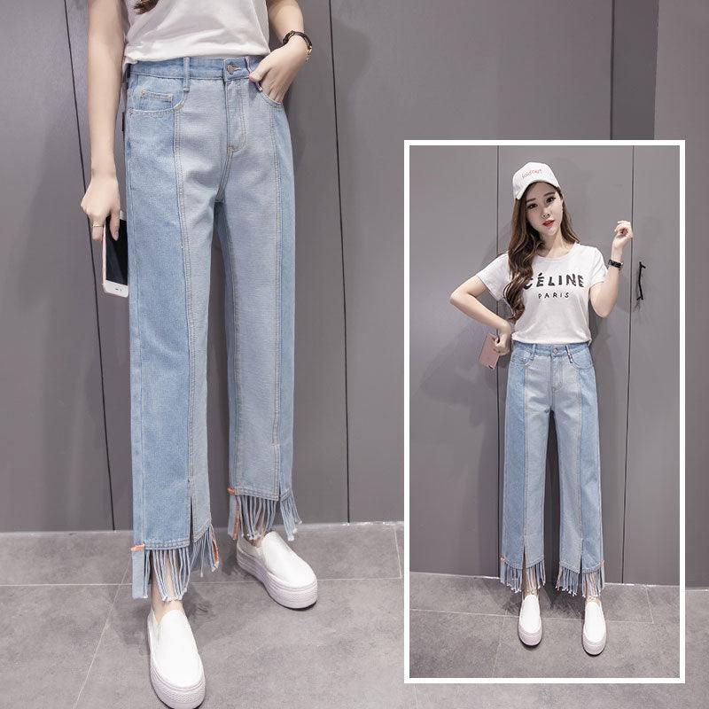 Trendy Denim Wide-leg Pants With Tassels Nine Points
