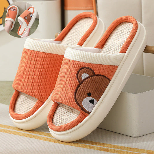 Cute Cartoon Bear Linen Slippers For Women Indoor Non-slip Sweat-absorbent Breathable Slip On Floor Bedroom Slipper House Shoes