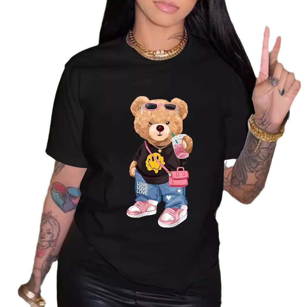 Summer Printed Fashion Cool Bear Printed T-shirt Short Sleeve Round Neck Casual Top