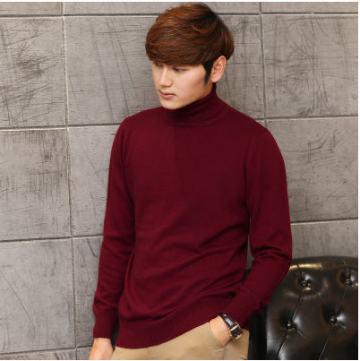 Knit Sweater Men High Neck Pullover Solid Color Slim Fit