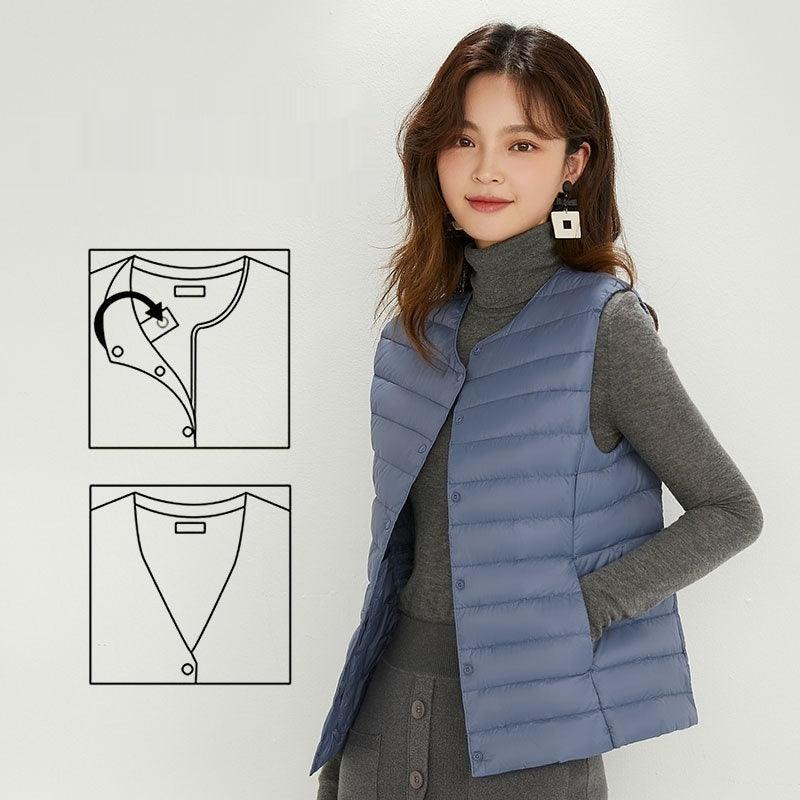 Women's Liner Waistcoat Lightweight Vest Down Jacket Round Neck Thin Lightweight