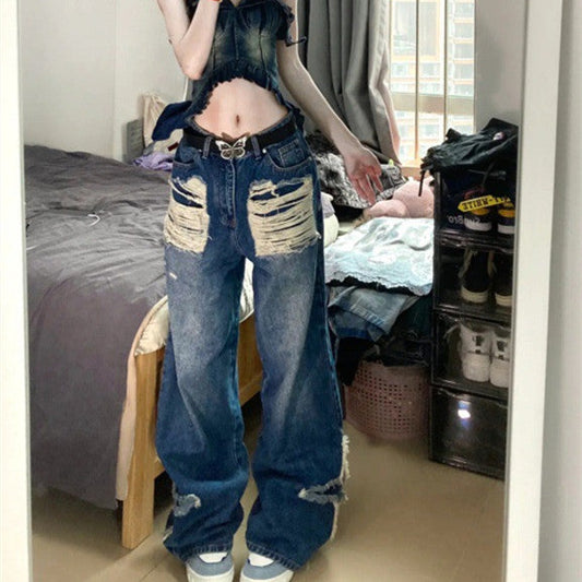 High Waist Slimming Holes Tasseled Jeans