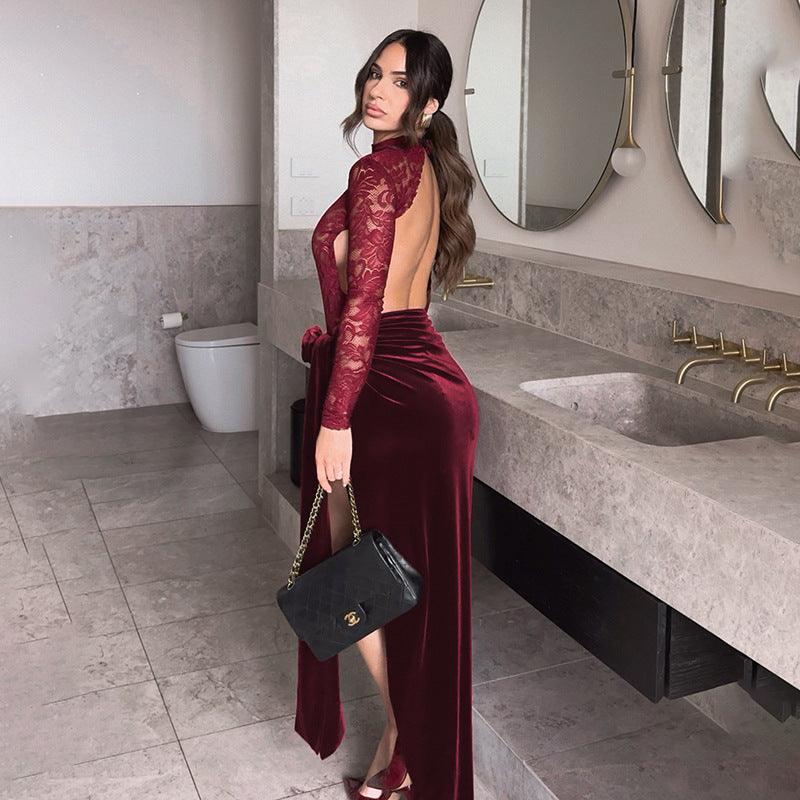 Sexy Slim-fitting Patchwork Lace Velvet Dress