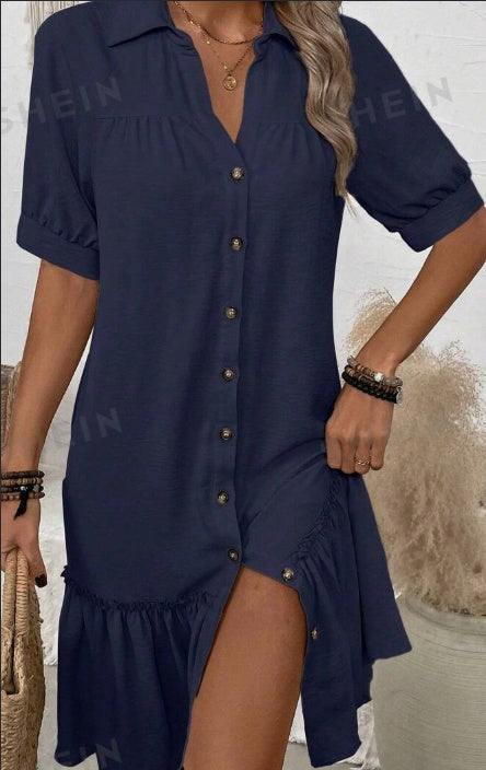 LUNE Solid Color Turn-Down Collar Button Up Dress With Ruffle Hem