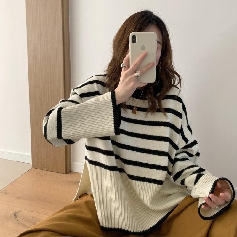 Women's Round Neck Striped Sweater Top