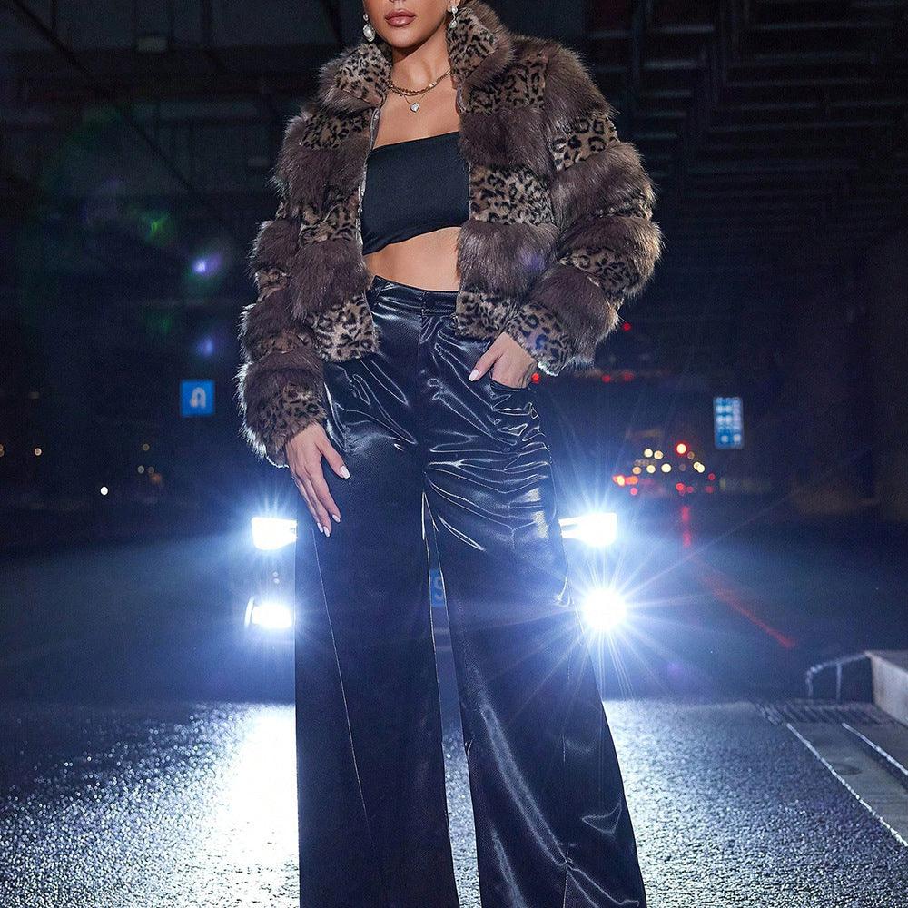 Retro Hot Girl Style Leopard Print Stitching Faux Fur Coat