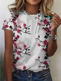 New Women's Wish Floral Print Blouse Round Neck Short-sleeved T-shirt