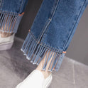 Trendy Denim Wide-leg Pants With Tassels Nine Points