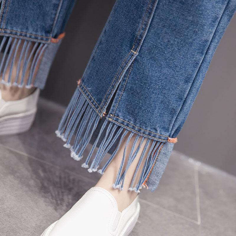 Trendy Denim Wide-leg Pants With Tassels Nine Points