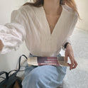 Retro Korean Type Loose V-neck Lace Stitching Shirt