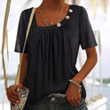 European And American Fashion Solid Color Buttons Round Neck Short Sleeve