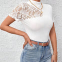 Slim-fit Slimming Lace Patchwork Short-sleeved T-shirt Women's Top