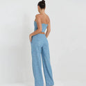 Fashion Denim Sequined Tube Top Wide Leg Pants Suit