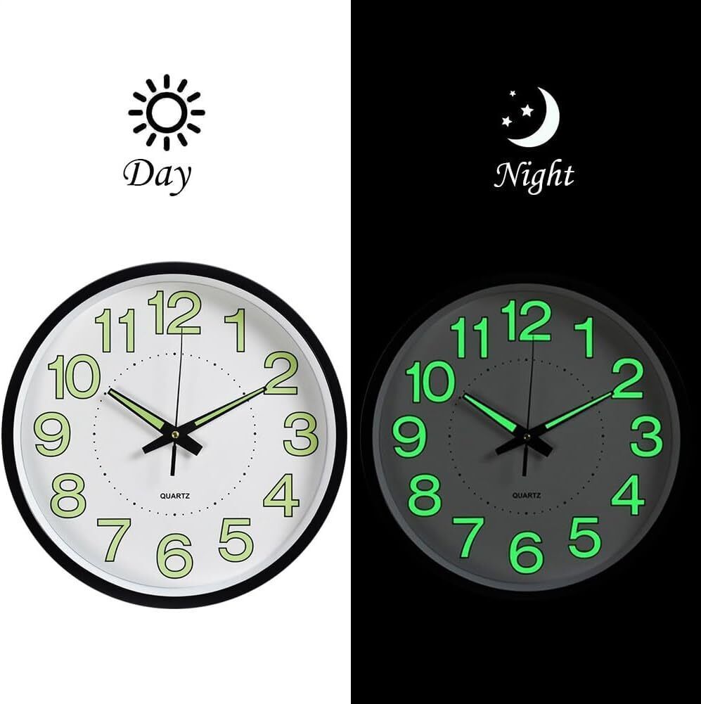 12'' Wall Clock Large Quartz Silent Luminous Glow In The Dark Indoor Home Office