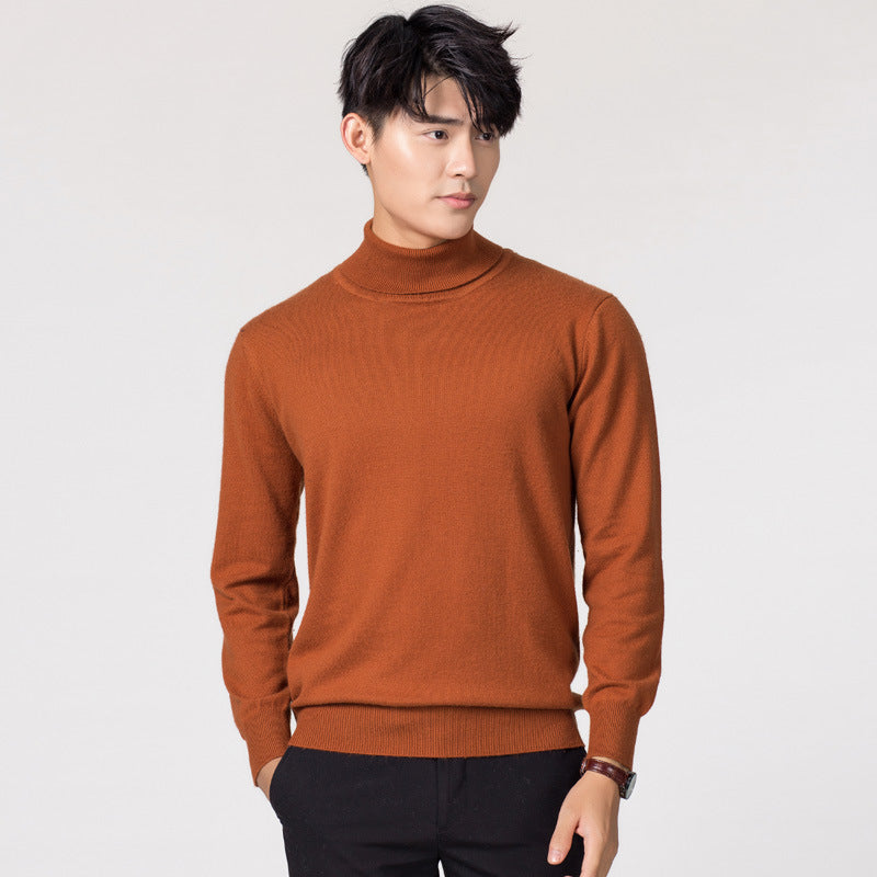 Knit Sweater Men High Neck Pullover Solid Color Slim Fit