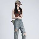 Ripped Daddy Jeans For Women Spring And Autumn 2024 New High Waist Loose Small