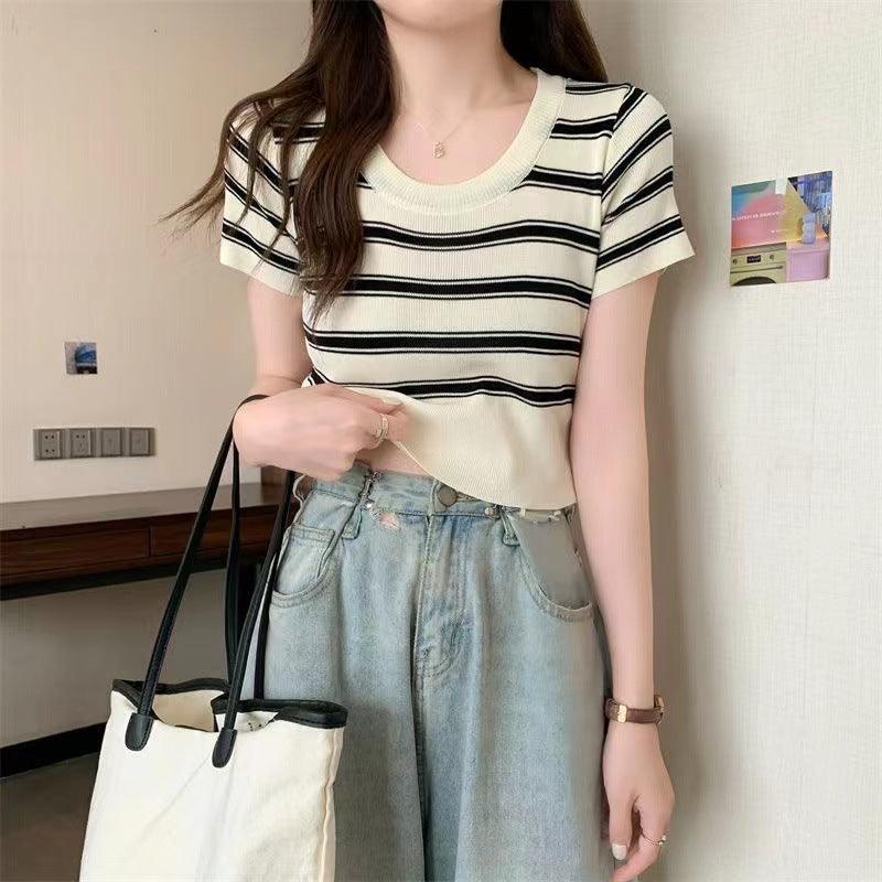 Women's Fashion Striped Knitted Short Sleeve T-shirt Top