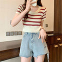 Women's Fashion Striped Knitted Short Sleeve T-shirt Top
