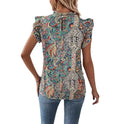 Printed Ruffled Round Neck Short Sleeve Shirt