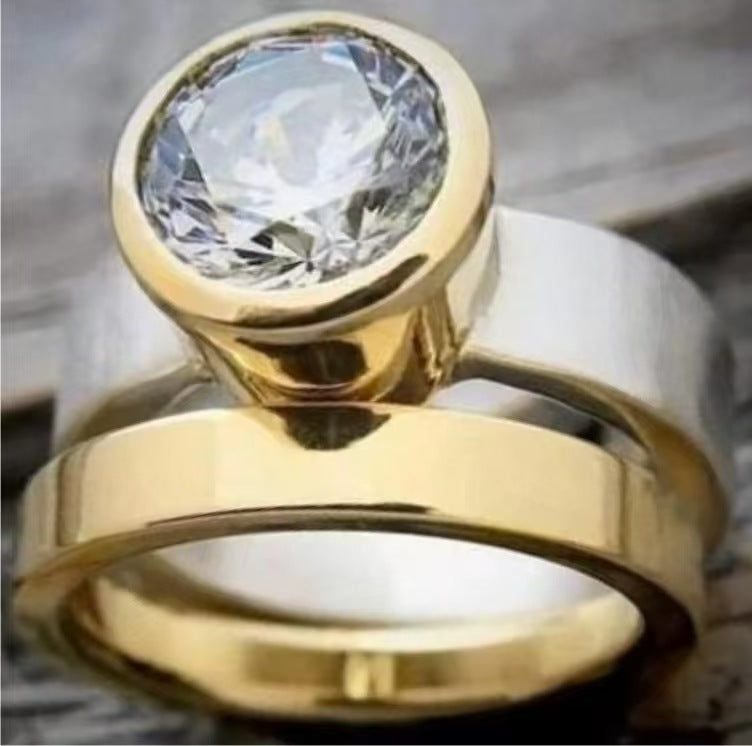 Fashion Heavy Industry Wide-faced Two-color Zircon Ring Creative