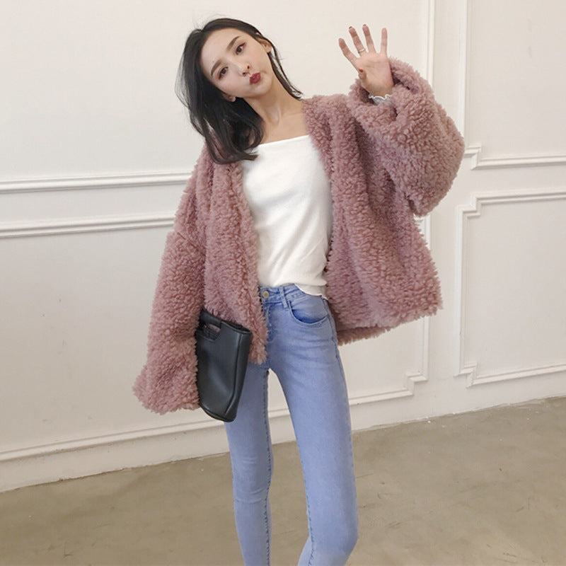 Fallwinter Women's Lamb Wool Top Pure Color Korean Ins Temperament