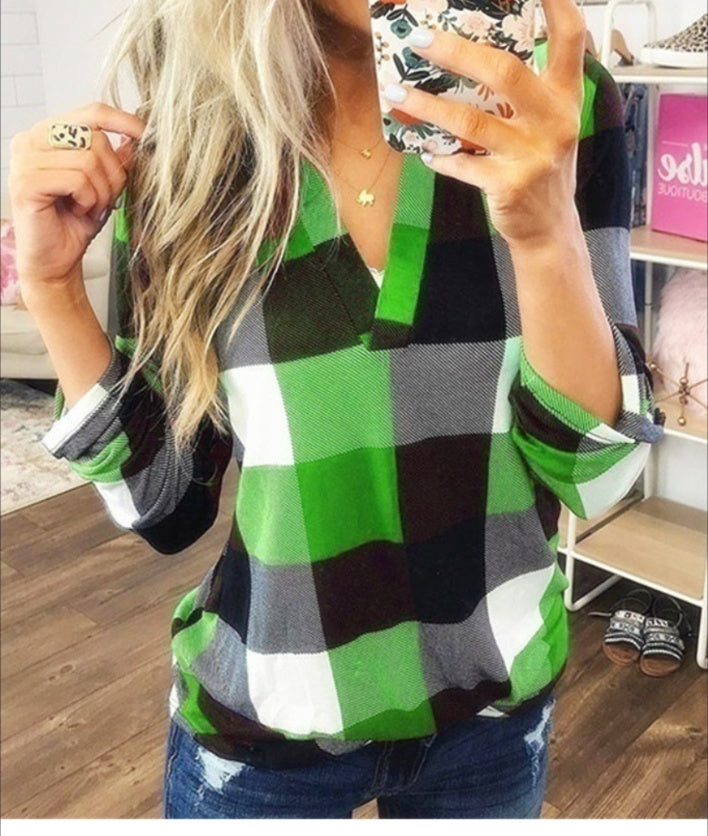 Casual Plaid Shirt, Long Sleeve V-neck Shirt, Casual Every Day Tops, Women's Clothing