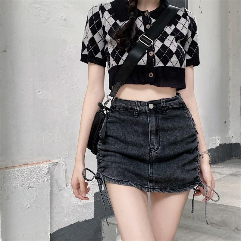 A-line Skirt High Waist Bag Hip Drawstring Denim Skirt