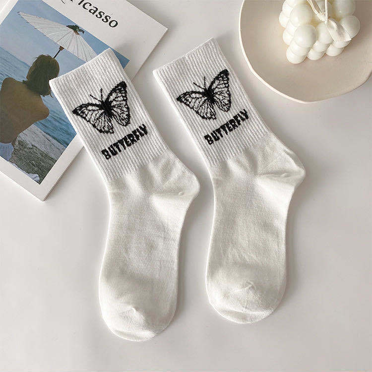 Butterfly Women's Tube Socks Hot Style Black And White Cartoon