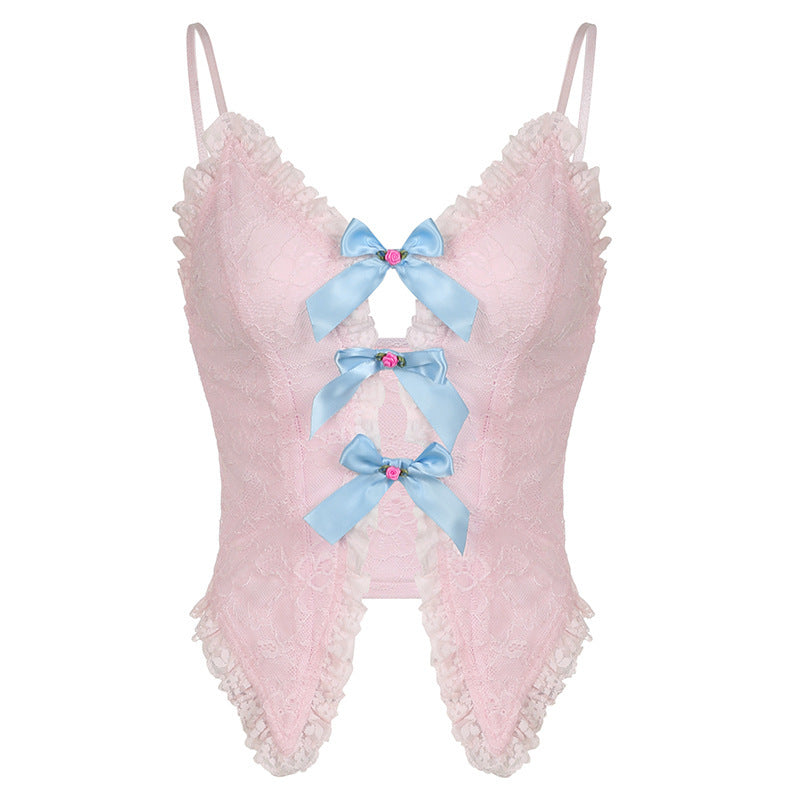 Sweet And Spicy Pure Suspenders Lace Ruffled V-neck