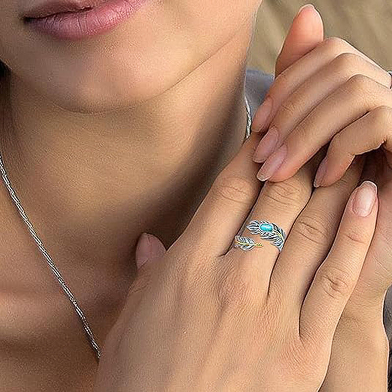 Feather Ring Female Turquoise Fashion
