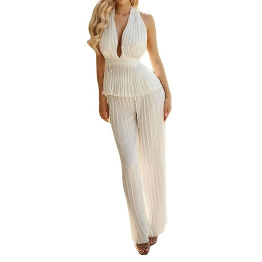 Fashion Women's Suit Elegant Top Loose Trousers Solid Color Two-piece Set