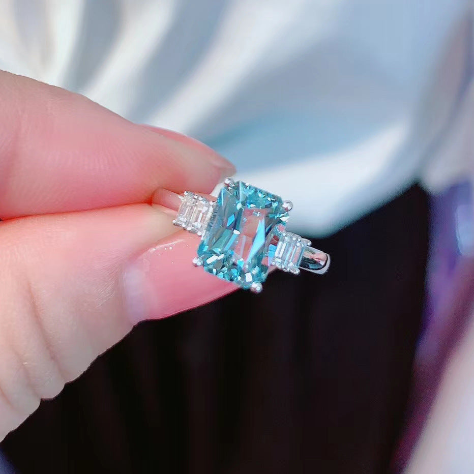 Elegant Rectangular Light Ocean Blue Simulation Topaz Colored Gems Open Ring