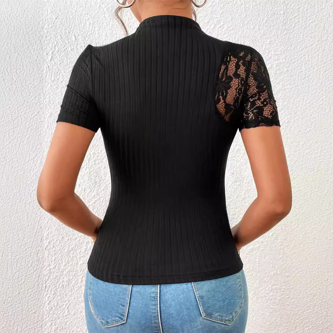 Slim-fit Slimming Lace Patchwork Short-sleeved T-shirt Women's Top