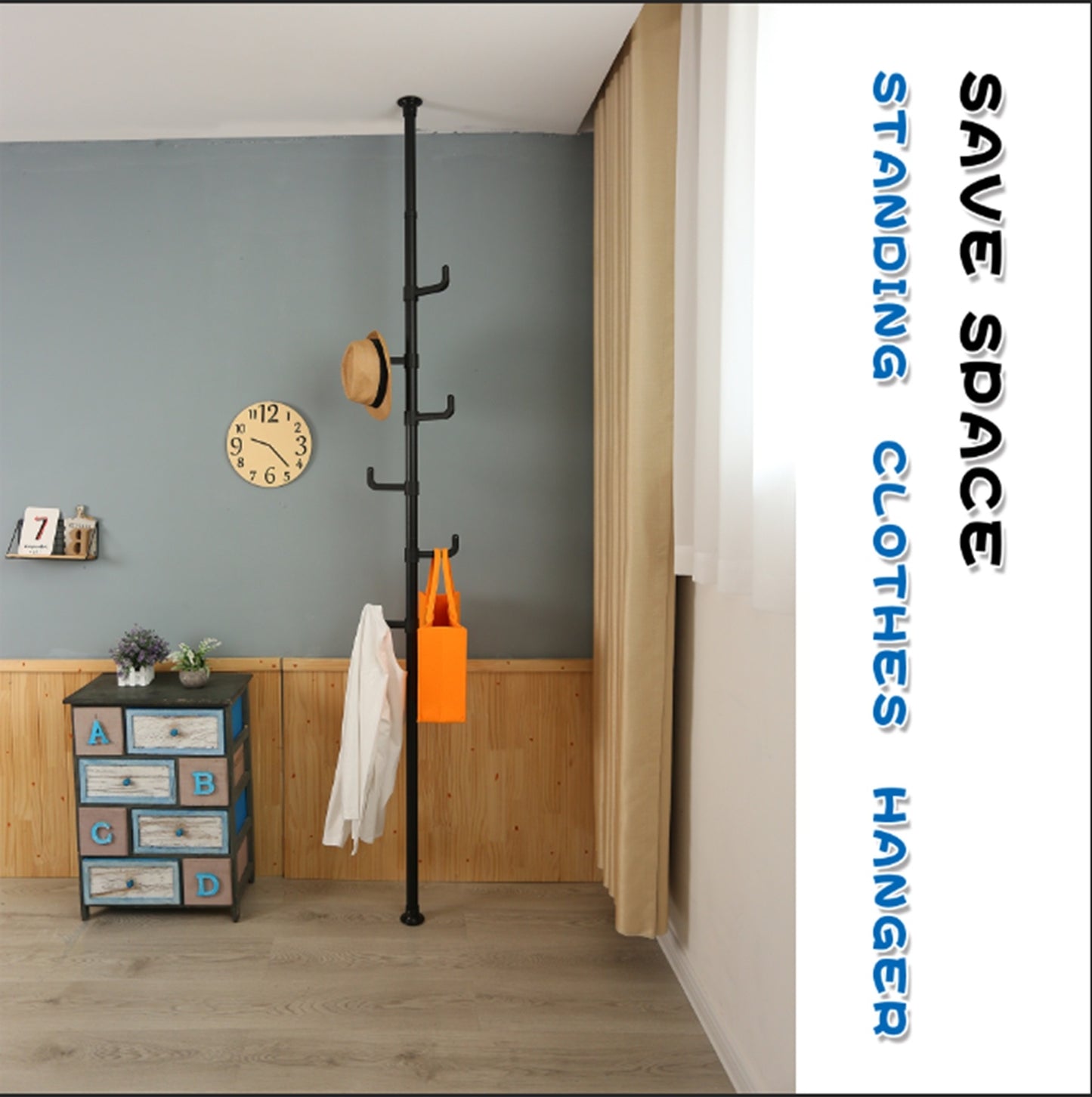 Extra Long Clothes Hanger With The Top Relying On The Ceiling And Nuclear Floor, Coat Rack Freestanding With 6 Hooks