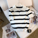 Striped V-neck Short-sleeved T-shirt Ice Silk Knitted Top