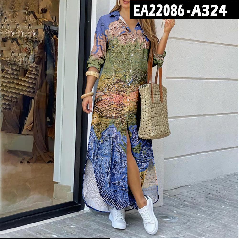 Women's Map Digital Printing Fashion Shirtdress