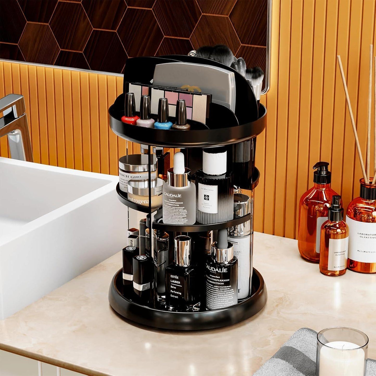 360 Rotating Makeup Organizer For Vanity Storage Adjustable Spinning Beauty And Skincare Organizer,Clear Acrylic Carousel Cosmetic Display Cases,Bathroom Counter Lazy Susan Skin Care Holder
