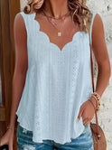 Plus Size Eyelet Cut Out Tank Top, Casual Scallop Trim V Neck Sleeveless Top For Summer, Women's Plus Size Clothing