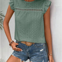 Round Neck Lace Solid Color Ruffled Short Sleeve