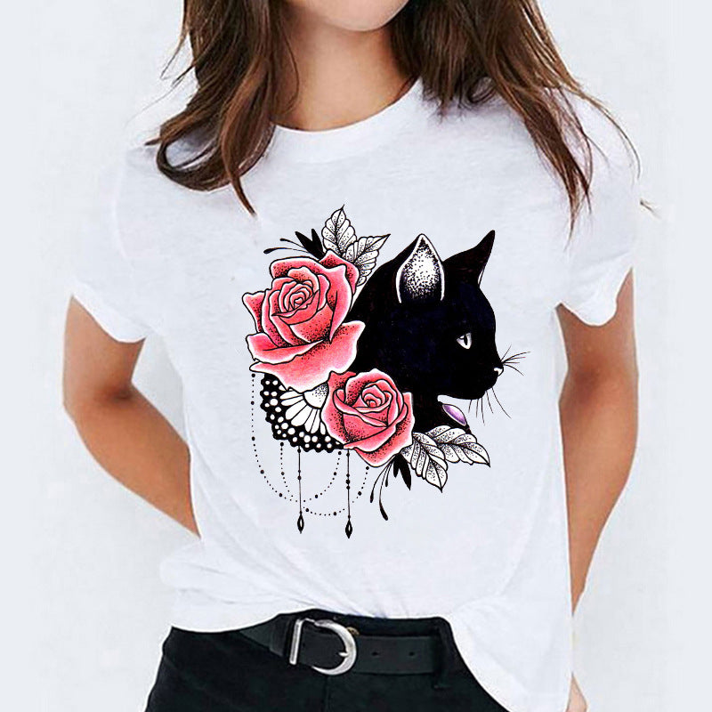 Women's Round Neck Printed T-shirt Short Sleeve