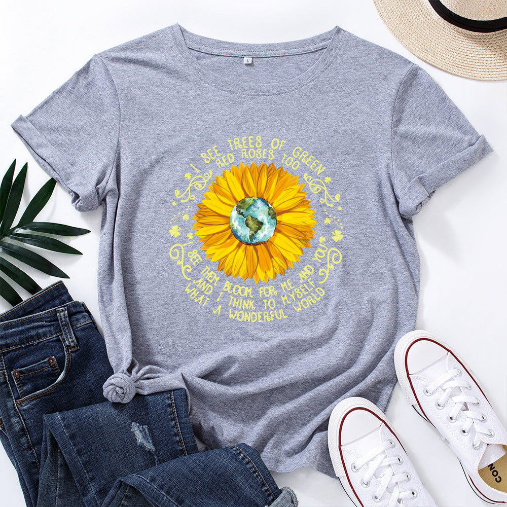 Bee Festival European And American Loose Round Neck Sunflower Short Sleeve