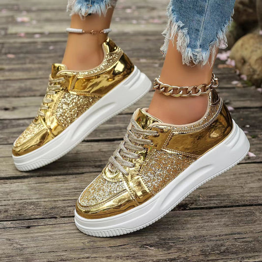 Fashion Lace-up Flat Shoes With Sequin Design Casual Sports Thick Bottom Round Toe Shoes For Women Non-slip Walking Sneakers