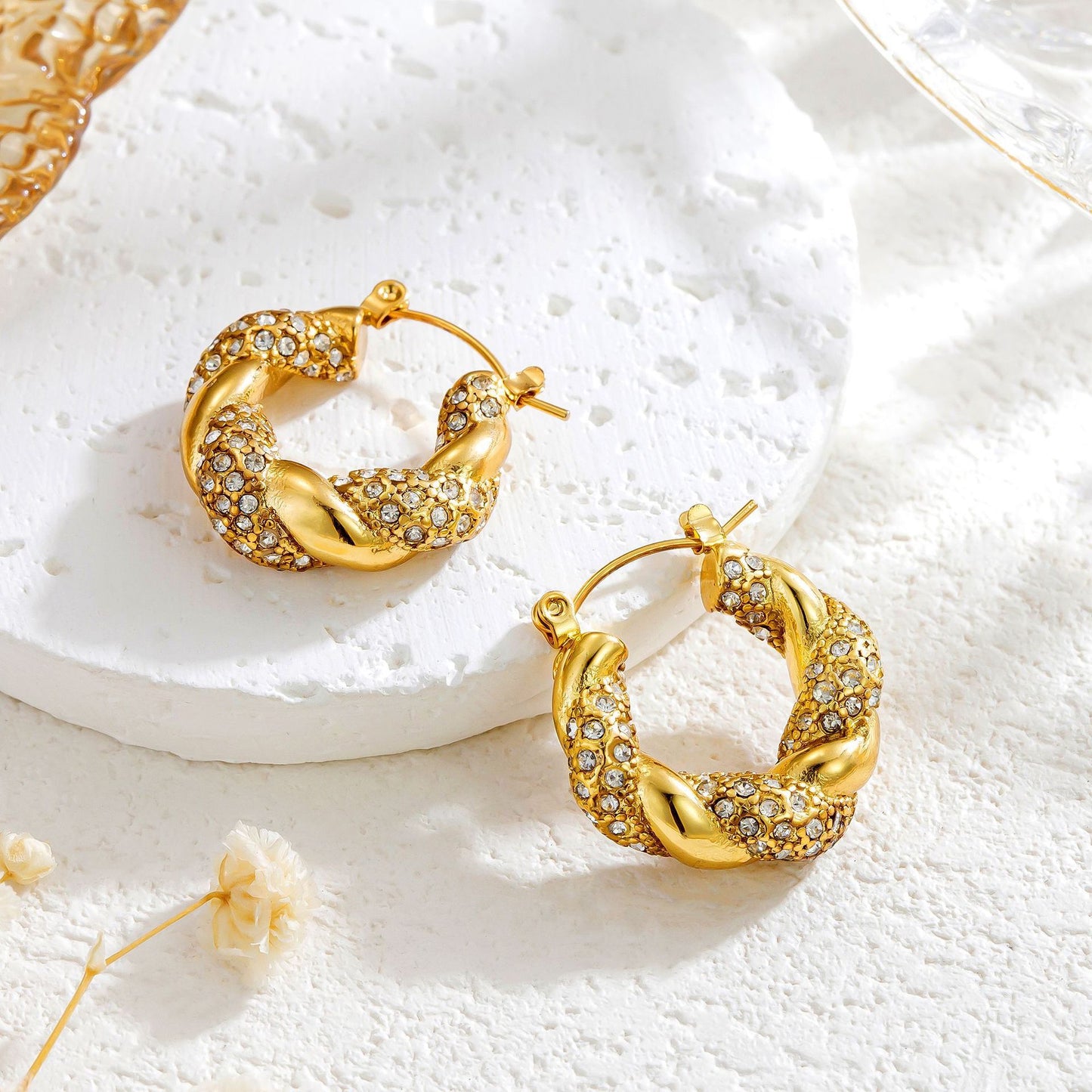 Gold Stainless Steel Diamond Twist U-shaped Earrings Fashion