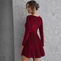 Waist-controlled Large Hem Temperament Long Sleeve Party Velvet Dress
