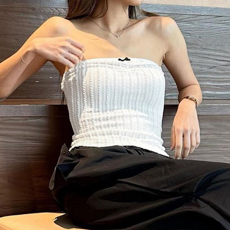 Little Woman Bow Stitching Pure Color Tube-top Top