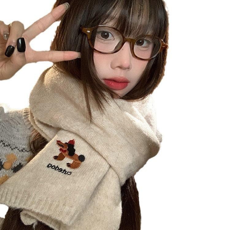Autumn And Winter Fashionable Warm Cartoon Cute Embroidered Puppy Scarf For Women